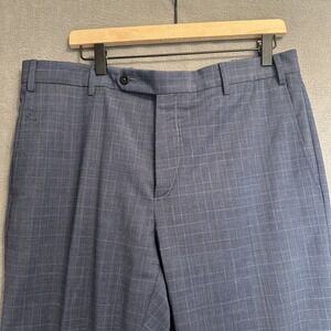 Zanella Devon Pants Glen Plaid 100% Wool‎ Flat Front Trousers 36x30 Blue Italy